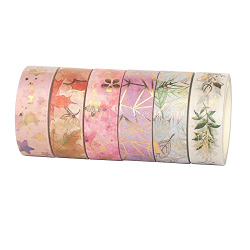 YUBBAEX Floral Gold Washi Tape Set 6 Rolls VSCO Foil Masking Tape Decorative for Arts, DIY Crafts, Journal Supplies, Planners, Scrapbook, Card/Gift Wrapping -15mm- (Romantic Flowers)