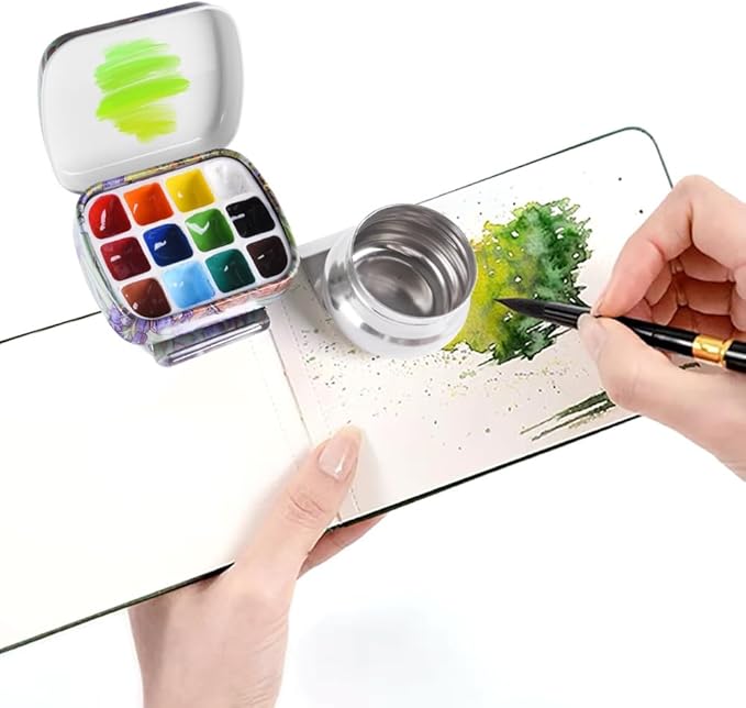 Portable Mini Tin Box 12-Well Empty Watercolor Palette Paint Mixing Tray is a Small Storage Travel Kit with Magnetic Clip and Oil Pot,Making it Outdoor Sketching and DIY Painting.Morning Glory