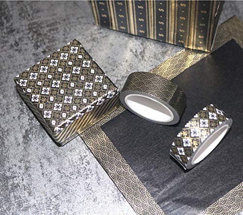 YUBBAEX 10 Rolls Washi Tape Set Black Gold Foil Print Decorative Tapes for Arts, DIY Crafts, Bullet Journals, Planners, Scrapbook, Wrapping (15mm) (Black Gold x 10 Rolls)