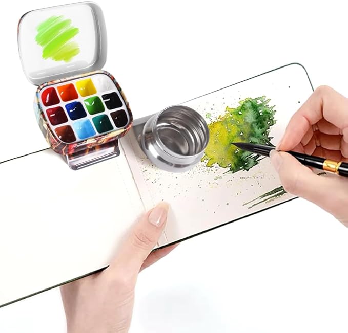 Portable Mini Tin Box 12-Well Empty Watercolor Palette Paint Mixing Tray is a Small Storage Kit with Magnetic Clip and Oil Pot,Making it Outdoor Sketching and DIY Painting.Space and Time Walk