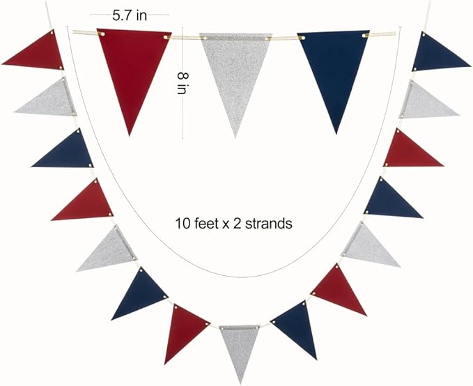 MOWO Silver Blue and Red Pennant Banner Paper Bunting Hanging Decoration for 4th July Independence Day Birthday Graduation Retirement Party, Pack of 30 Counts Pennant, 20 feet
