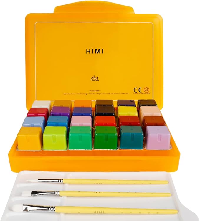 HIMI Gouache Paint Set, 24 Colors x 30ml/1oz with 3 Brushes & a Palette, Unique Jelly Cup Design, Non-Toxic, Guache Paint for Canvas Watercolor Paper - Perfect for Beginners, Students, Artists(Orange)