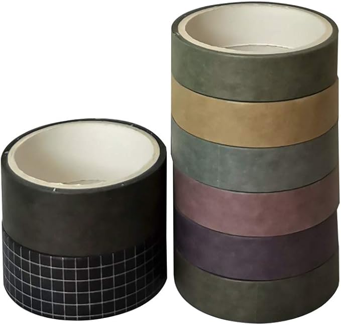 8 Rolls Washi Masking Tape Set Basic Solid Color Brown Coffee Plaid Grid Adhesive Decorative Label for Art Craft Journal Scrapbook Planner DIY Album Calendar Diary Book