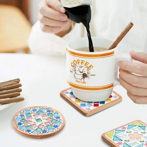 12 Sets DIY Glass Mosaic Tiles for Crafts Mixed Color Mosaic Kits with Wooden Coaster for Adults Bamboo Coaster for Drinks Tray Handmade Home Decoration