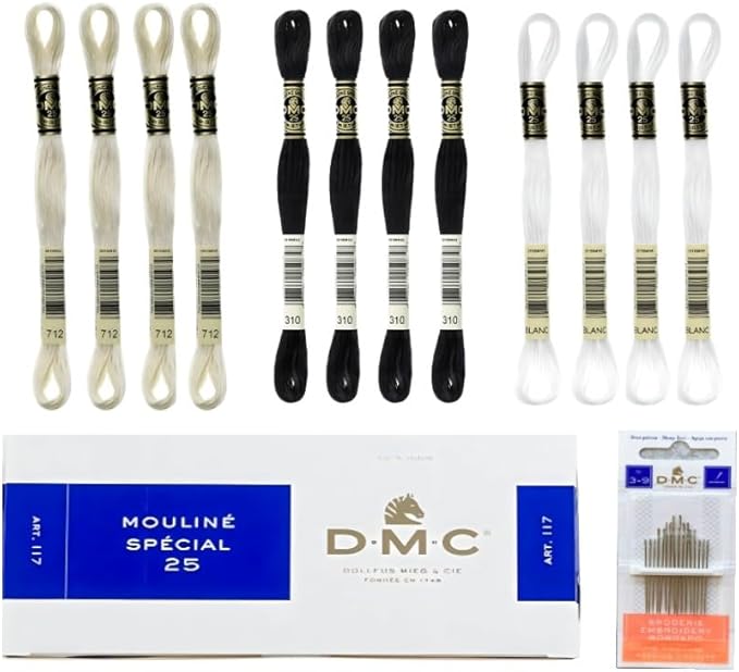 DMC Embroidery Floss Mouline Special Black (310), Cream(712), White(Blanc) -3 Colors Thread Bundle with DMC Embroidery Hand Needles 3-9, INCELER Supplies