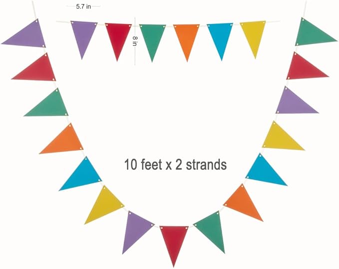 Rainbow Pennant Banner Paper Bunting Hanging Decoration for Birthday Wedding Graduation Pride Theme Party, Pack of 30 Counts Pennant, 20 feet
