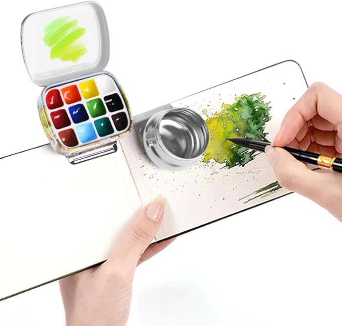 Portable Mini Tin Box 12-Well Empty Watercolor Palette Paint Mixing Tray is a Small Storage Travel Kit with Magnetic Clip and Oil Pot,Making it Outdoor Sketching and DIY Painting.Earthly Paradise