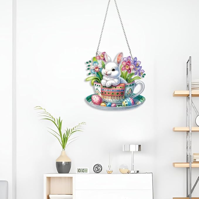 STGLCR Easter Egg Diamond Art Hanging Kit for Adult, DIY Acrylic Rabbit Diamonds Painting Ornament Pendant Board Kit Flower Diamond Painting Window Pendants Home Garden Wall Hanging Kits Ornament