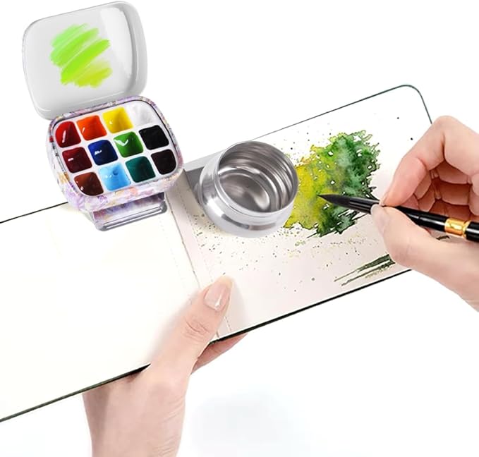 Portable Mini Tin Box 12-Well Empty Watercolor Palette Paint Mixing Tray is a Small Storage Travel Kit with Magnetic Clip and Oil Pot,Making it Perfect for Outdoor Sketching and DIY Painting.Insects