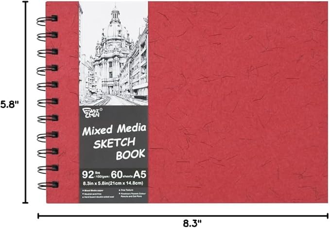 5.8x8.3in Sketch Book, 60Sheets Spiral Bound Notebooks, Natural White 92lbs/150gsm Acid-Free Drawing Paper for Painting,Sketching, Professional Sketch Pad for Artists, Beginners. NW-Red