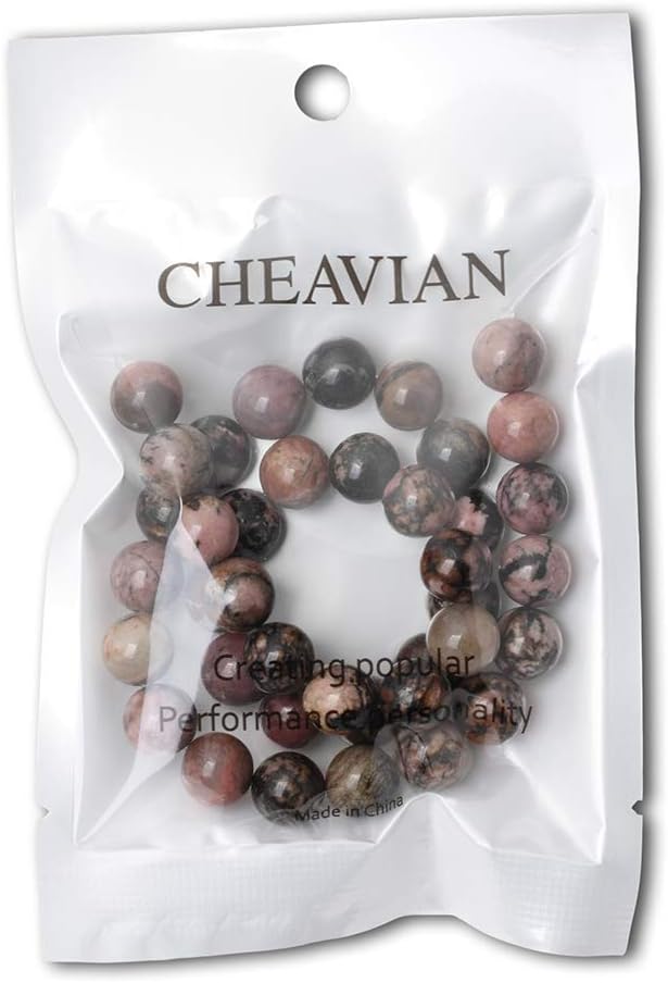 cheavian 35pcs 10mm natural black line rhodochrosite gemstone smooth round loose beads for jewelry making 1 strand 15"
