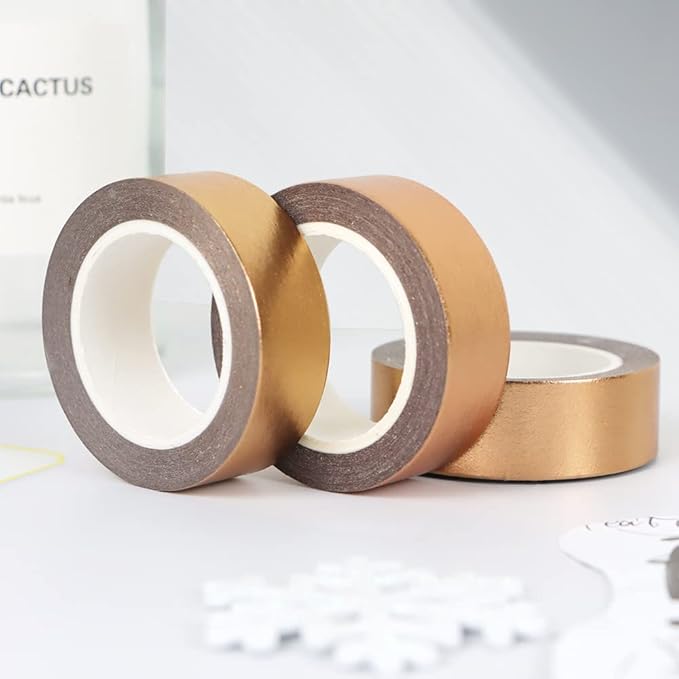 MEI YI TIAN 6 Rolls Solid Copper Gold Foil Washi Tape Set 15mmx10m Bronze Golden Stamping Paper Adhesive Masking Tapes Sticky Paper Tape for DIY Scrapbooking Journals Crafts Art Decoration