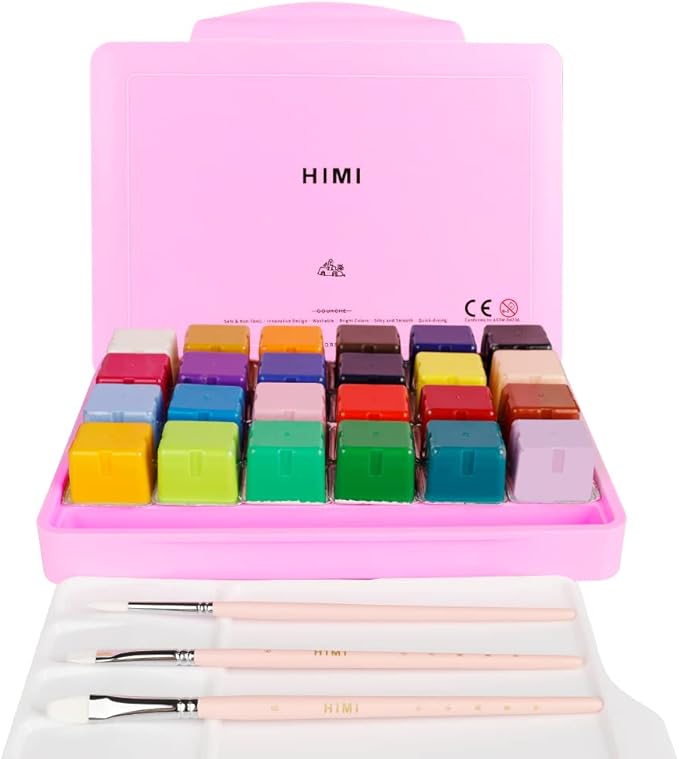 HIMI Gouache Paint Set, 24 Colors x 30ml/1oz with 3 Brushes & a Palette, Unique Jelly Cup Design, Non-Toxic, Guache Paint for Canvas Watercolor Paper - Perfect for Beginners, Students, Artists(Pink)