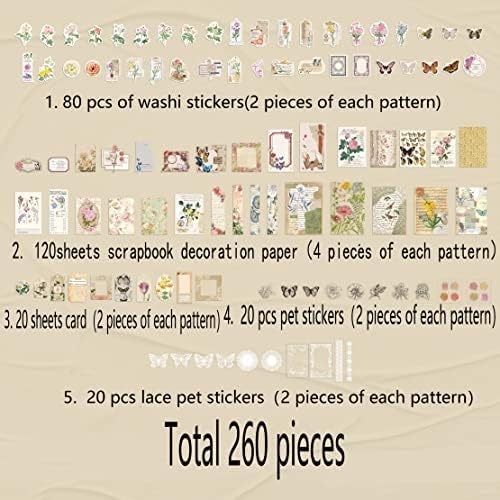 Alideco 260pcs Vintage Scrapbook Stickers Scrapbooking Paper Washi Junk Journaling Supplies Collage Album Aesthetic Cottagecore Picture Frames(Flowers Butterfly)