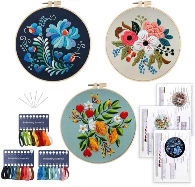 Colorful Flowers Embroidery Kit for Beginners β DIY Hand Embroidery Set with 3 Hoops, Stamped Patterns, Needles, Thread, Scissors β Floral Embroidery Kit for Adults, Teens, Women, Craft Lovers