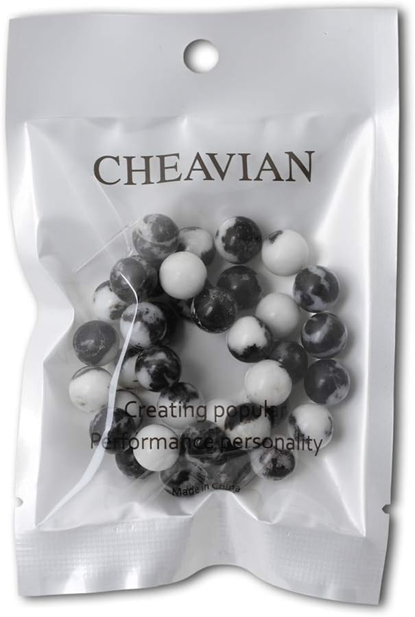 cheavian 35pcs 10mm natural black white zebra jasper gemstone round loose beads crystal energy stone for diy jewelry making 1 strand 15"