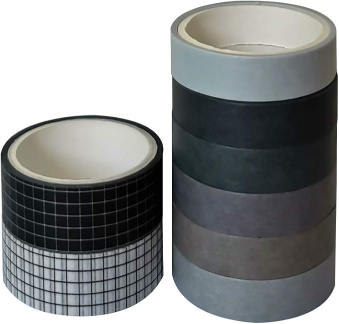 8 Rolls Washi Tape Set Basic Solid Color Black&White Plaid Grid Adhesive Decoration Label Masking Tapes for Journals Scrapbooks Planners Art Craft DIY Album Crafts Project