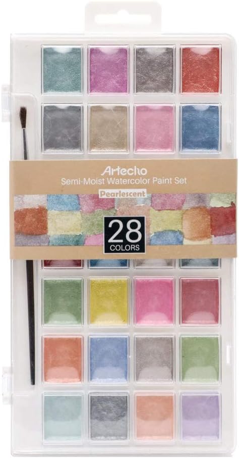 Artecho 28 Metallic Watercolor Paint Set, Glitter Colors, Semi-Moist Pearlescent Water color, Ideal for Beginners and Artists