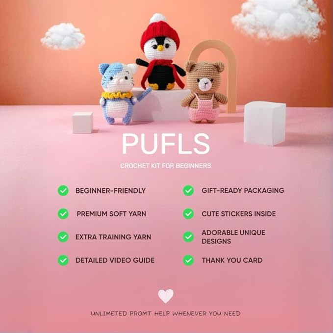 PUFLS Bear Crochet Kit for Beginners Kids, Beginner Crochet Kit for Adults and Kids with Video Tutorials, Crochet Kits with Mini Crochet Animals, Knitting Kit for Beginners and Cute Crocheting Kit