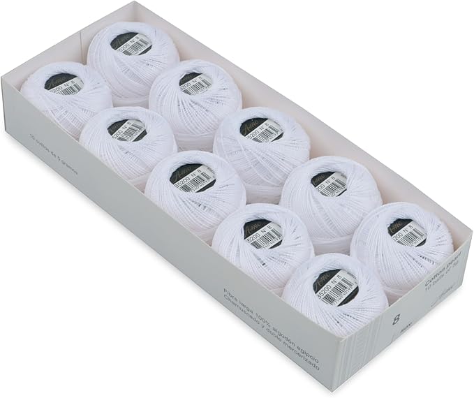 Size 8 Double Mercerized Egyptian Long Staple Cotton Pearl Thread Ball 5 Grams White Embroidery Thread 10 Balls per Box for Crochet Hardanger Cross Stitch Hand Embroidery