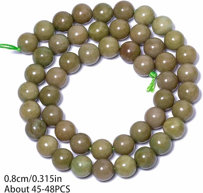 Stone Beads, 45pcs Olive Green Jades, 8mm Round Loose Beads for Jewelry Making, Bracelets, with Bag, String & Card