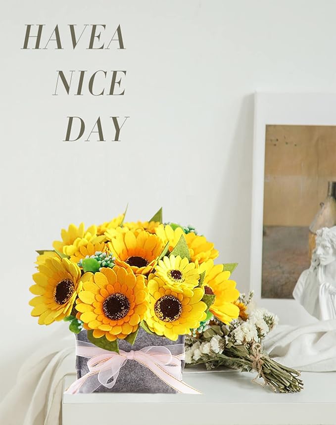 BAZIMA DIY Felt Flower Art Craft Kit, Sunflower Pot Bonsai Kit, Floral Gifts, Beginner Craft Kit, Arrange Pre-Cut Flowers and Foliage