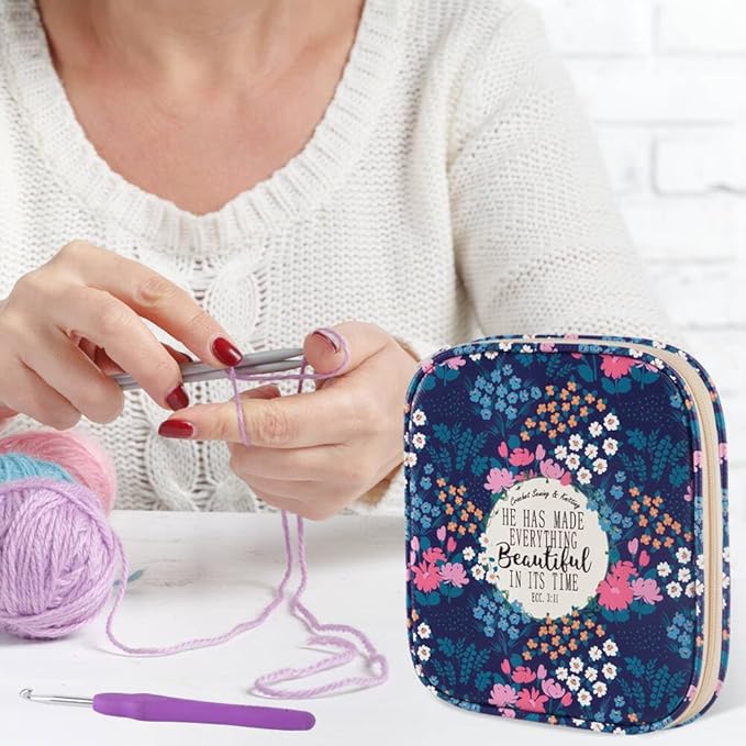 Crochet Hook Case,Portable Zipper Storage Organizer Bag for Crochet Hooks, Knitting Needles, Project & Sewing Supplies, Lightweight,Easy to Hold (No Accessories Included).Deep Blue Flowers