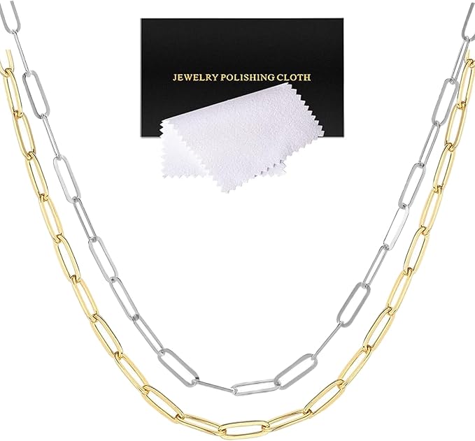 10 Pcs Paperclip Chain Necklace for Women 20 Inch Stainless Steel Gold Silver Charm Necklace Chains Adjustable Link Chains with Lobster Clasps Polishing Cloth for DIY Women Jewelry Making Supplies