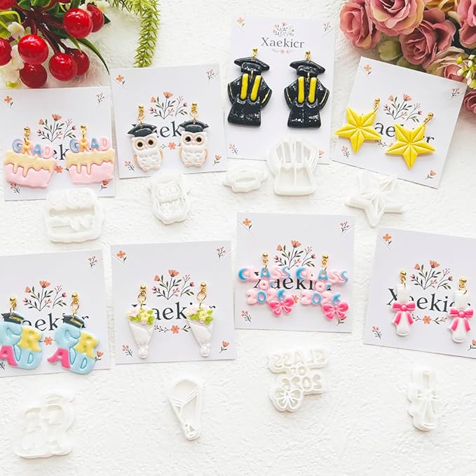 Graduation Polymer Clay Cutters Set - 9pcs Sharp & Durable Class of 2026, Grad, Owl, Cap, Gown, Cake & Star Shapes for DIY Earring Jewelry Making, Soft Clay Crafts & Class Party Supplies