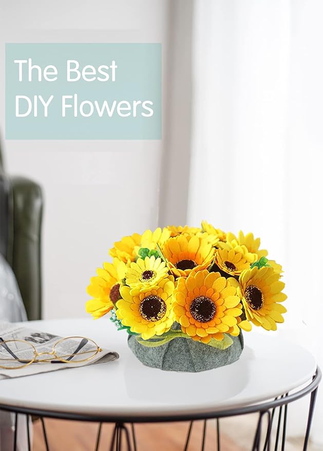 BAZIMA ALICE DIY Felt Flower Art Craft Kit, Sunflower Pot Bonsai Kit for Beginners, Floral Gifts, Arrange Pre-Cut Flowers and Foliage