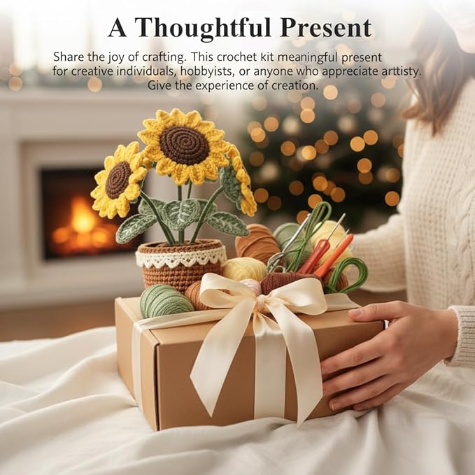 ADDZRZR Easy Crochet Sunflower Kit for Beginners Adults,Includes 8 Yarns,7 Crochet Hooks & More, Beginner Crochet and Knitting Kits for Adults & Teens