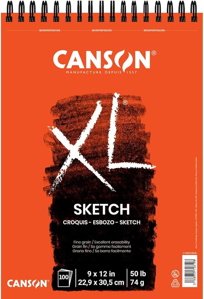 Canson XL Series Paper Sketch Pad for Charcoal, Pencil and Pastel, Top Wire Bound, 50 Pound, 9 x 12 Inch, 100 Sheets