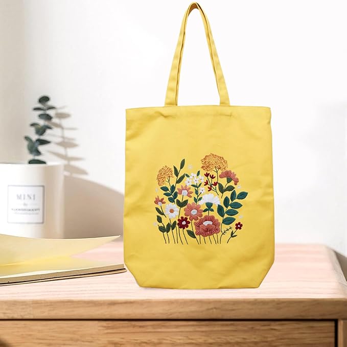 CREAWONDER Canvas Tote Bag Embroidery Kit with Pattern for Beginners, Arts and DIY Embroidery Crafts Kits for Adults, Include Instructions, Thimble, Embroidery Hoops, Color Threads and Tool
