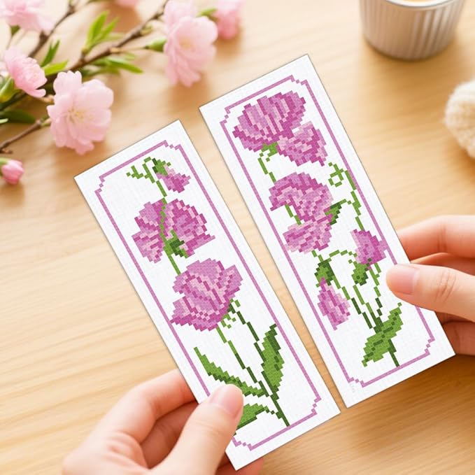 ORIGACH 6 Set Pea Flower Cross Stitch Bookmark Kit for Beginner with Backing Felt Floss Instructions DIY Stamped Embroidery Bookmark Kit for Adults, Book Lovers