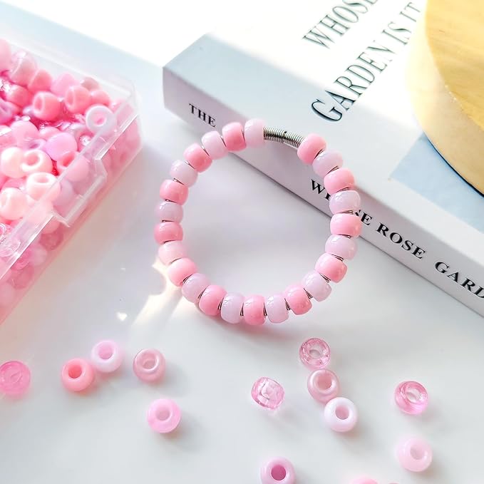 Plastic Pony Beads for Jewelry Making, 1200 Pieces, Multi-Color, 0.35 x 0.22 inch, DIY Craft Beads for Bracelets and Hair Braids (Pink)
