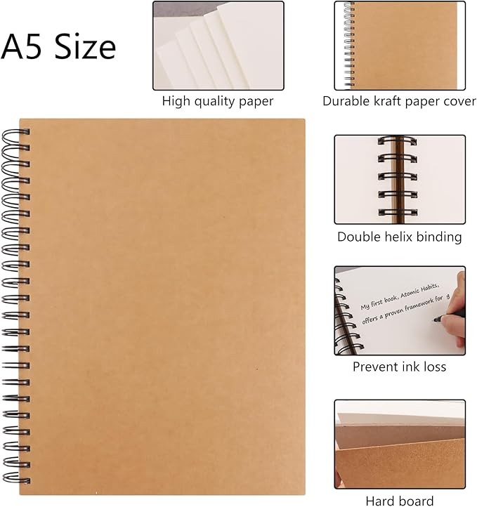 BGJRBY 8.6 inch x11.4 Inch Spiral Sketch Book Large Notebook(Built-in drawing board) Kraft Cover Blank Sketch Pad Wirebound Sketching for Drawing Painting (2 Pack) 200 Pages, 100 Sheets