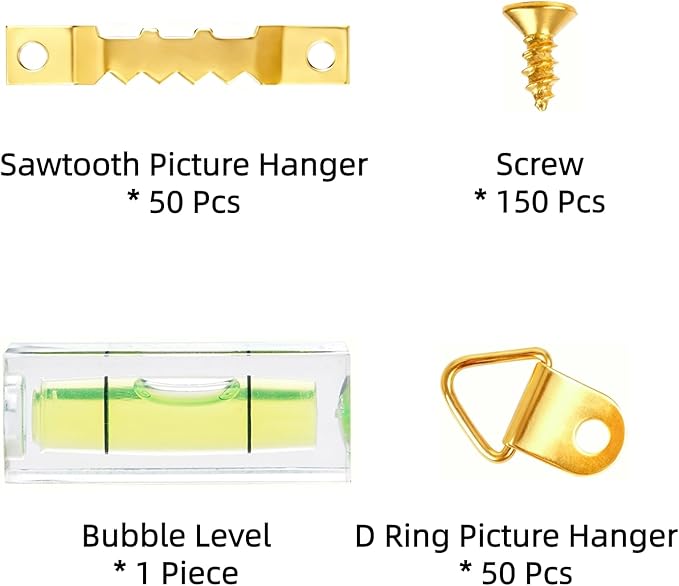251Pcs Picture Hanging Kit, Include 50 Sawtooth Picture Hangers, 50 D Rings, 150 Screws and Bubble Level, Heavy Duty Picture Frame Hanging Hardware for Wall Artworks Frame Canvas Mounting