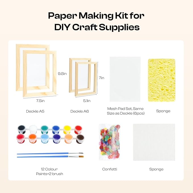 Caydo Paper Making Kit, 2 Size A5 A6 Papermaking Mould and Deckle with Pulp Sheets, Mesh, Sponge, Paints & Confetti, Paper Making Screen Kits for Adult, DIY Paper Making Supplies for Craft Lovers