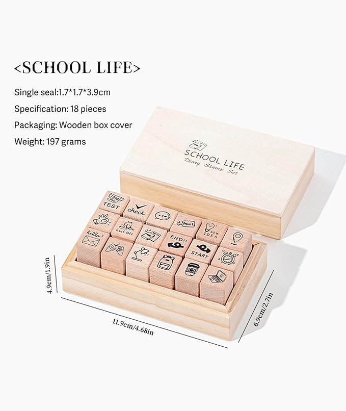 18pcs School Study Theme Wooden Rubber Stamps Kit, Cute Small Stamps for Decorative Diary Planner DIY Craft Scrapbook Card Making Letters Journal