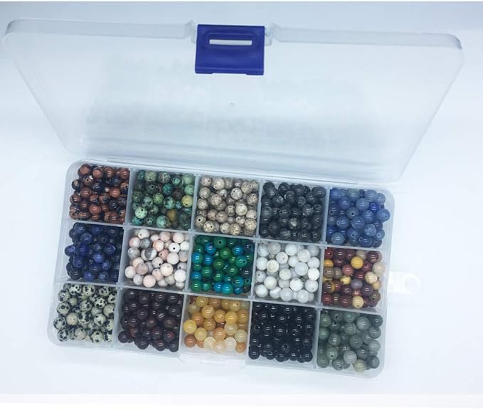 Yephac 750pcs 6mm Natural & Synthetic Round Stone Beads - 1mm Hole Size, DIY Smooth Beading for Bracelet, Necklace, Earrings - Jewelry Making, Box Packed (15material-6mm)