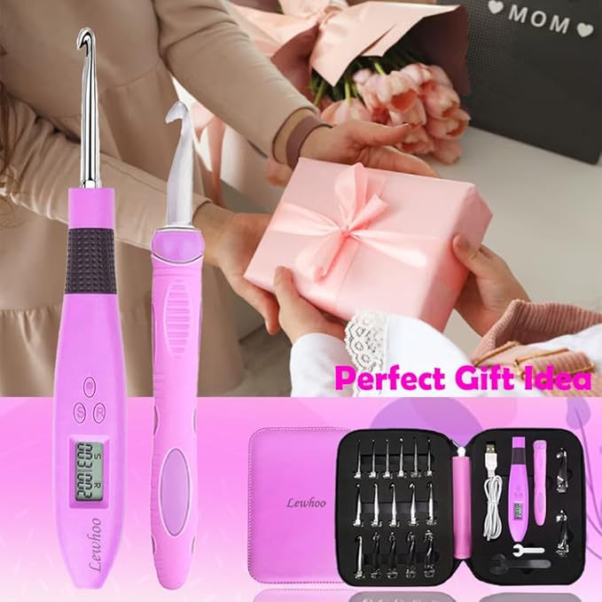 lewhoo 18 size counting light up crochet hook,digital crochet hooks with stitch counter,lighted metal crochet needle with case