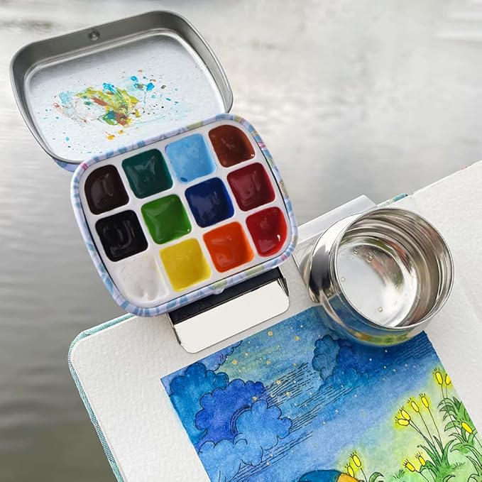 Portable Mini Tin Box 12-Well Empty Watercolor Palette Paint Mixing Tray is a Small Storage Travel Kit with Magnetic Clip and Oil Pot,Making it Perfect for Outdoor Sketching and DIY Painting.Fruit