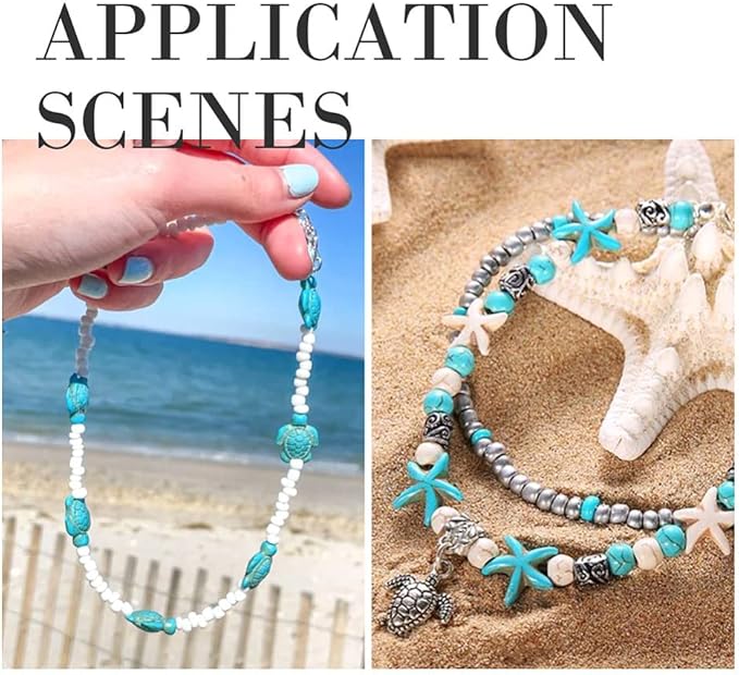 FASHEWELRY Turquoise Bead Bracelet Making Kit Green Stone Beads in Round, Flat Round, Rondelle, Cross, Turtle, Starfish, Chip Shape & Tibetan European Beads & Dangle Charms for Bohemian Jewelry
