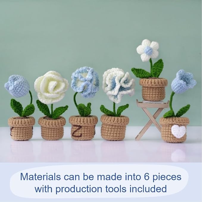Blue Mini Crochet Flower Plant Kit | Create a Soothing Desktop Garden Decor | Beginner Friendly DIY Craft with Video Tutorial | Calming Gift Idea