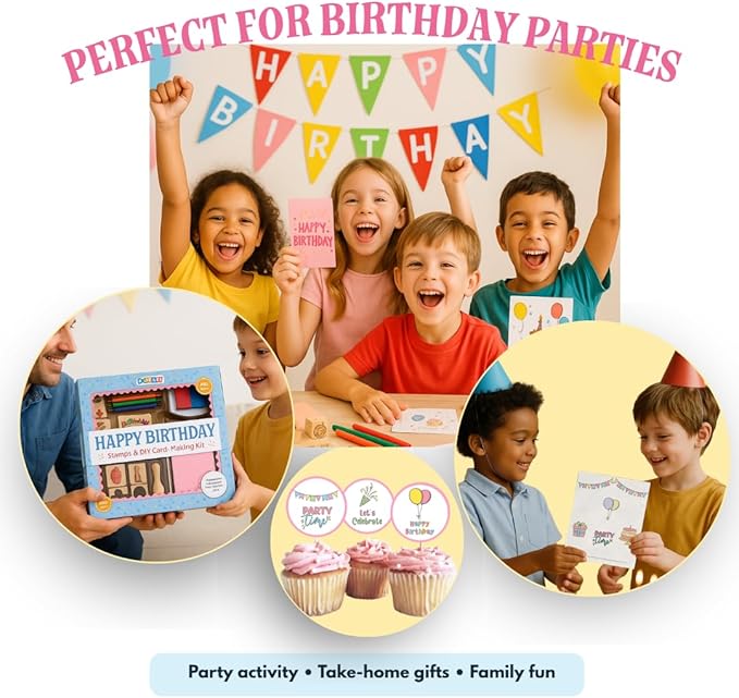 Birthday Card Making Kit for Kids – DIY Craft Kit with Wooden Stamps, Cards, Stickers & Ink Pad – Makes 12 Cards – Party Activity & Gift for Ages 4+