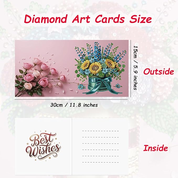 12 Packs Diamond Art Cards Kit, Diamond Painting Greeting Cards with Envelopes, DIY Card Making Kits for Adults, Gifts for Families, Friends, Partners (Bouquet)