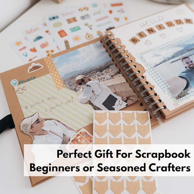 scrapbook kit - 80 page photo album diy scrapbook - holds 300+ photos, with metallic pens, 150+ stickers, glue pen, washi tapes, backing paper, photo corner stickers (starter kit - 8 x 8 inch, kraft)