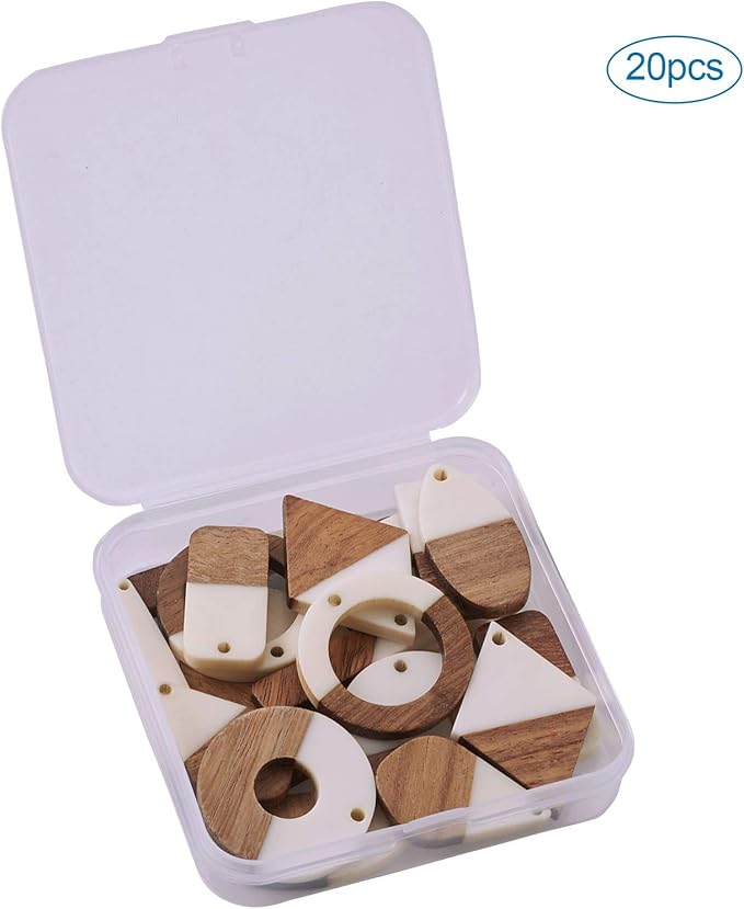 Beadthoven 20pcs/10 Pairs White Natural Wood Resin Charms DIY Earrings Pendants Mixed Shapes Wooden Pieces Pendants for Statement Jewelry Making Findings