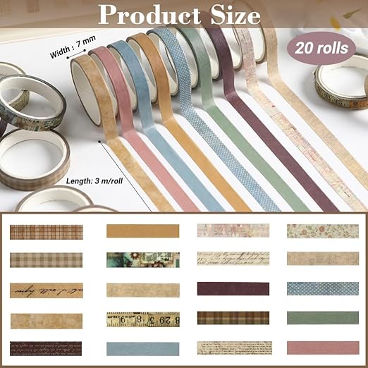 Washi Tape Set 20 Rolls Cute Vintage Washi Tape Decorative Tapes Adhesive Craft Washy Pattern Tapes for Scrapbooking Arts DIY Crafts Journal Planners Gift Wrapping Junk Journal Supplies, Vintage