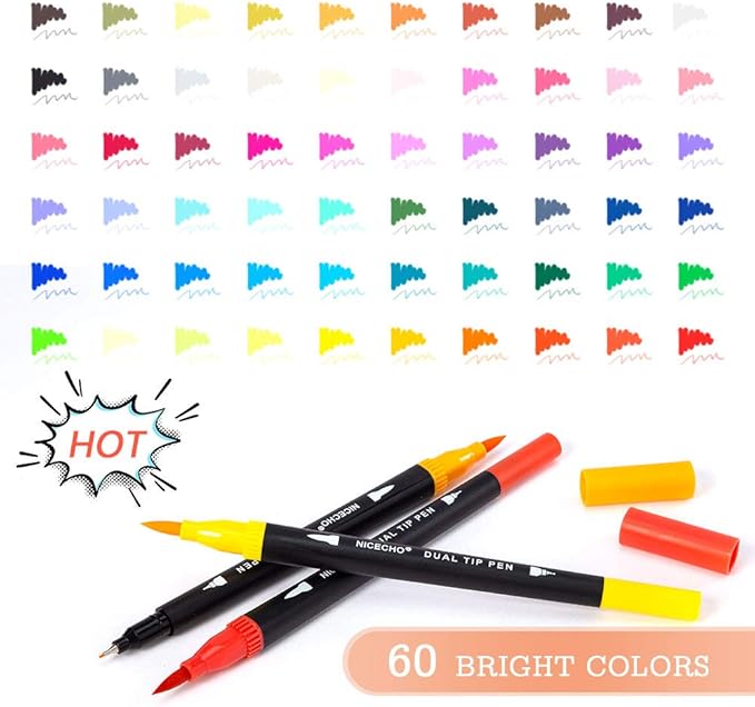 Nicecho Art Markers Dual Brush Pens for Coloring, 60 Artist Colored Marker Set, Fine and Brush Tip Pen Art Supplier for Adult Coloring Books, Bullet Journaling, Drawing